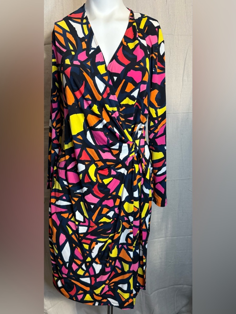 Anne Klein Black Multicolor Abstract Faux-Wrap Long Sleeve Dress Sz L PTP 23